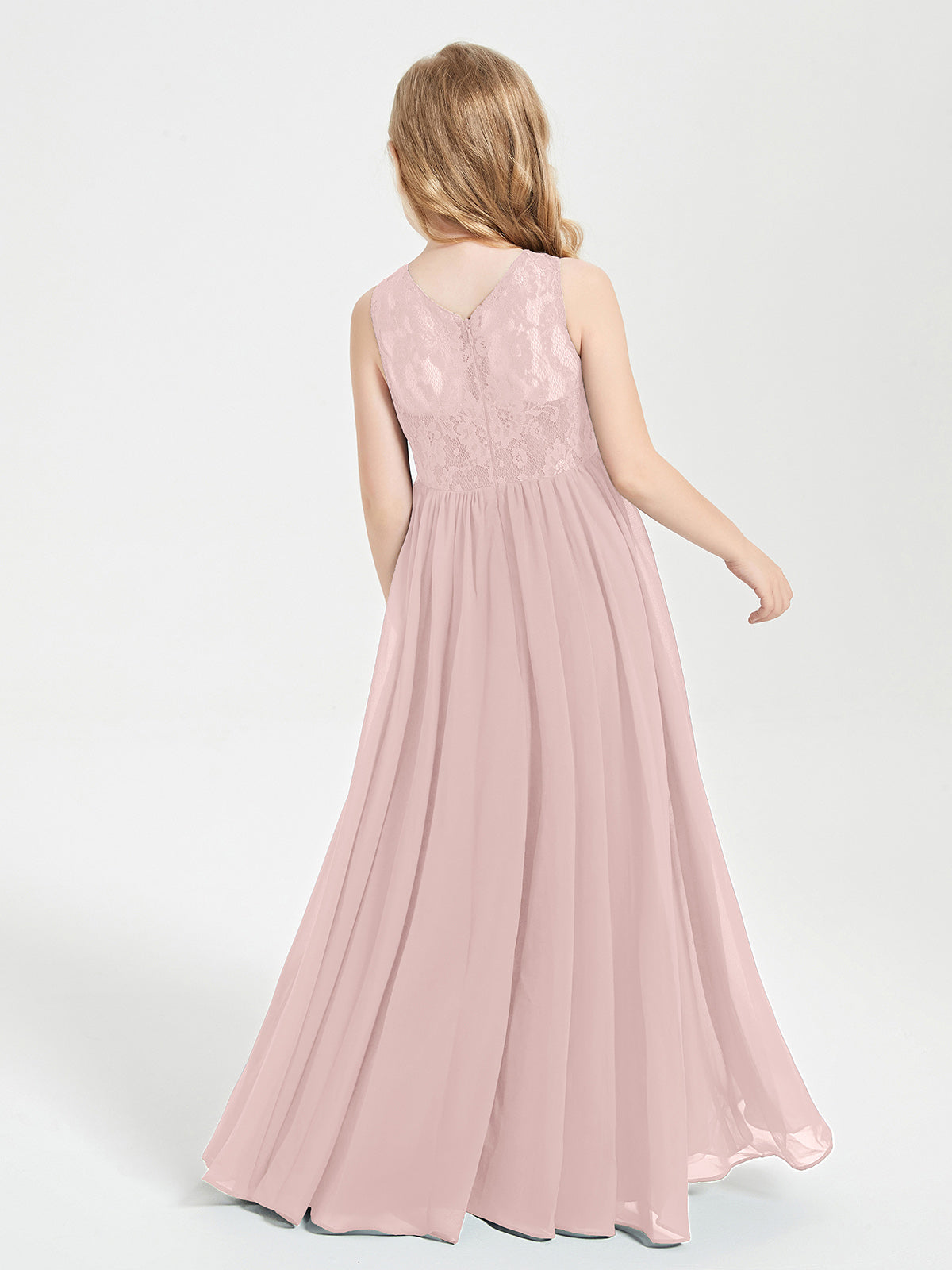 Long Junior Bridesmaid Dresses Lace Top Dusty Rose